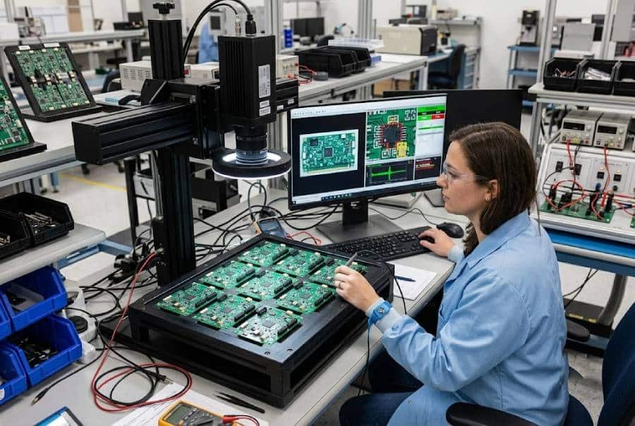Engineer using AOI and X-ray inspection to test a small batch of assembled PCBs and detect defects early for improved product reliability.