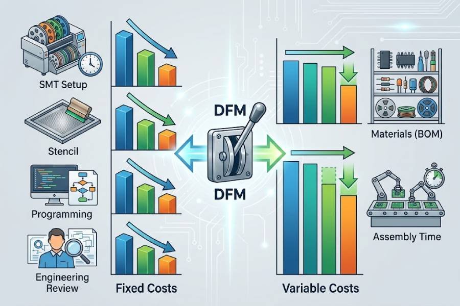 Infographic showing fixed and variable cost drivers in low-volume PCB assembly and how DFM decisions influence overall cost per board.