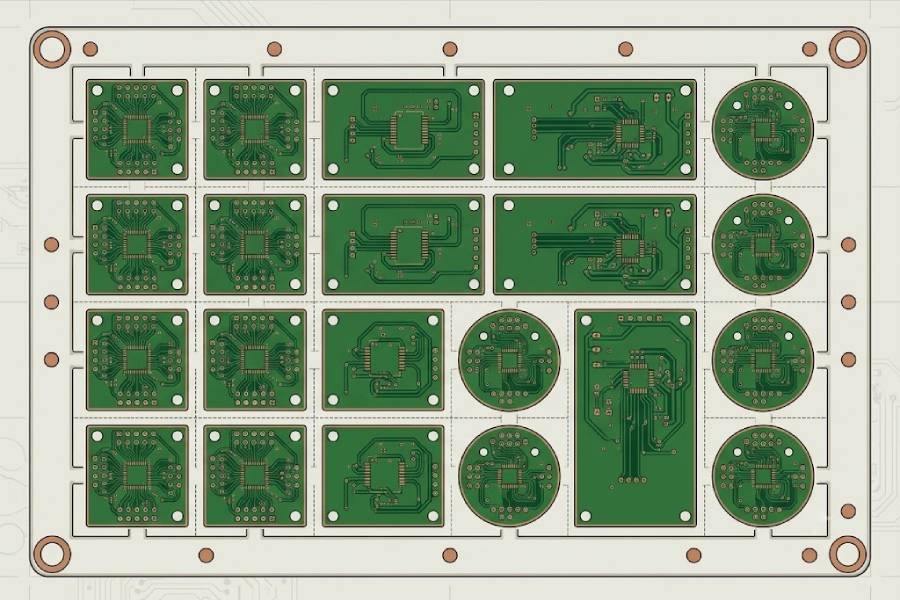 Panelization example for low-volume PCB assembly showing multiple board images arranged on a shared panel with routing and V-score lines for efficient depaneling.