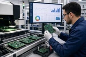 Small-batch PCB assembly line with engineer inspecting prototype boards and reliability test data.