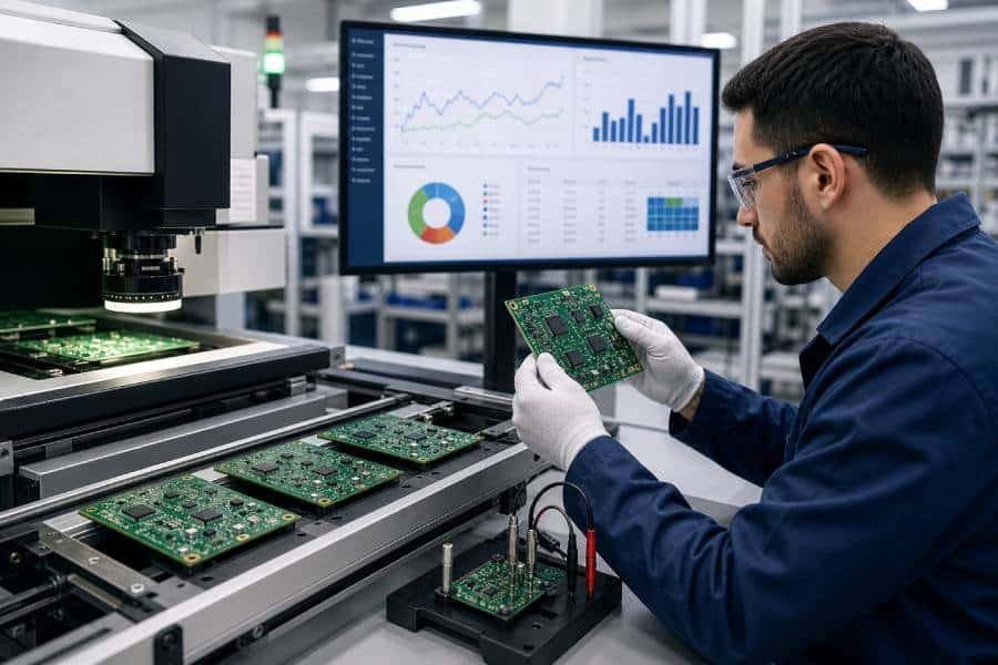 Small-batch PCB assembly line with engineer inspecting prototype boards and reliability test data.