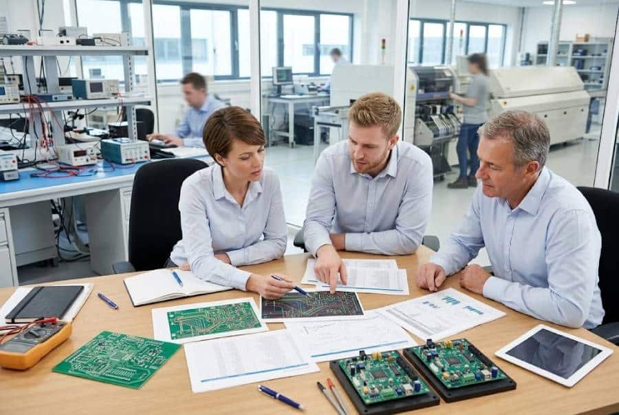 Design and manufacturing engineers reviewing PCB layouts, BOM and test plans together to improve DFM, DFT and reliability for prototype and low-volume PCB runs.