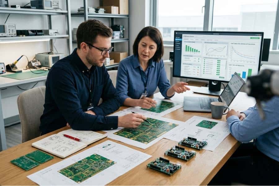 PCB designer and manufacturing engineer collaborating over DFM review and low-volume assembly guidelines with layouts and cost data on the table.