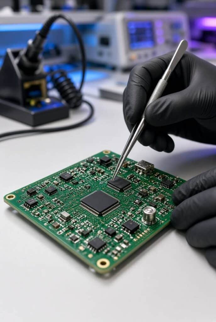 Technician using tweezers to precisely place surface-mount components on a green prototype PCB in a modern electronics laboratory