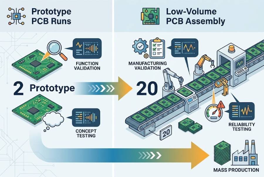 Infographic comparing prototype PCB runs focused on function validation with low-volume PCB assembly focused on manufacturability and reliability testing before mass production.