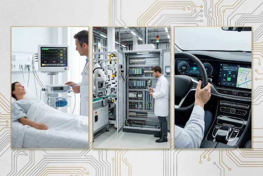 Collage of reliability-critical applications including medical devices, industrial automation control systems and automotive electronics that depend on prototype and low-volume PCB runs.