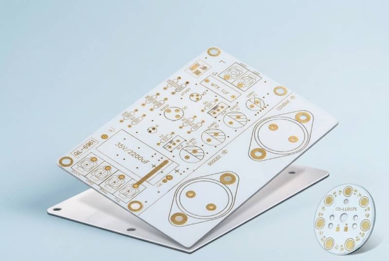 Bare aluminum metal core PCB with visible thermal base and copper circuitry
