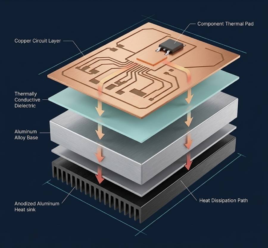 Aluminum PCB material stackup showing copper circuit layer, thermally conductive dielectric and aluminum alloy base for thermal management