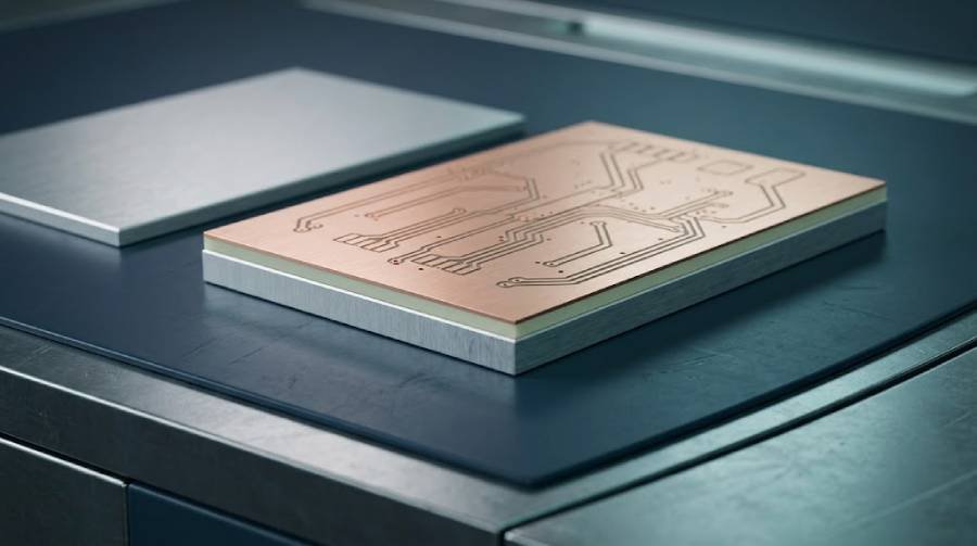 Bare aluminum-core PCB sample showing copper circuit layers and a metal substrate for thermal management