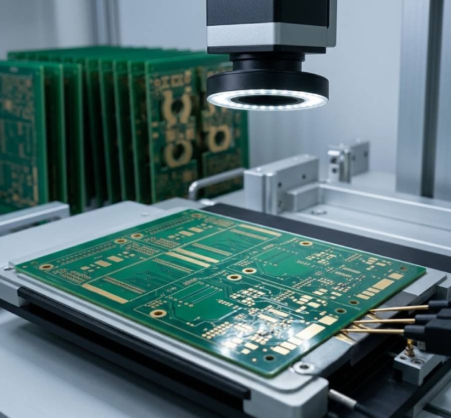 Bare multilayer PCB undergoing automated optical inspection and precision quality verification in a PCB fabrication facility