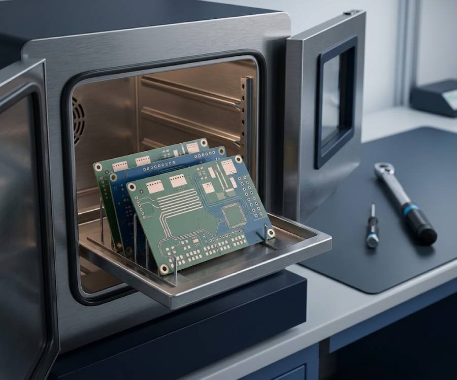Bare PCB samples in an environmental chamber for reliability validation