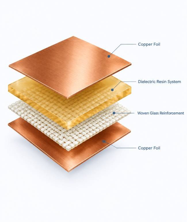 Exploded diagram of double-sided copper clad laminate showing copper foil, dielectric resin and woven glass reinforcement