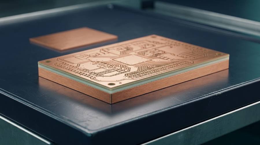 Bare copper-core PCB sample showing copper circuit layers and a solid copper substrate for thermal management