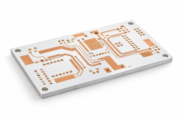 Custom metal core PCB with visible copper circuitry and exposed aluminum substrate for thermal management