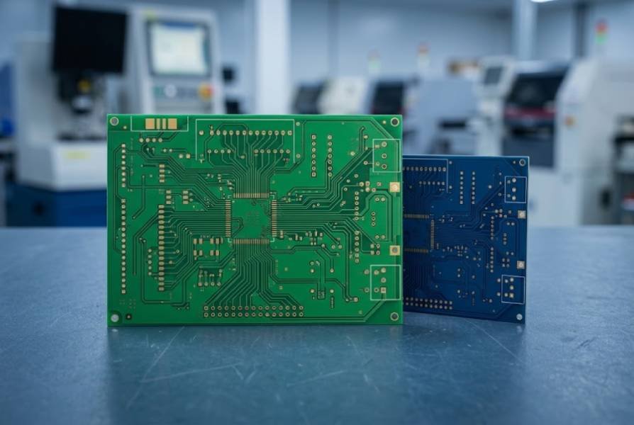 Custom rigid FR-4 bare PCB with copper traces, plated through holes, vias, and gold contact pads