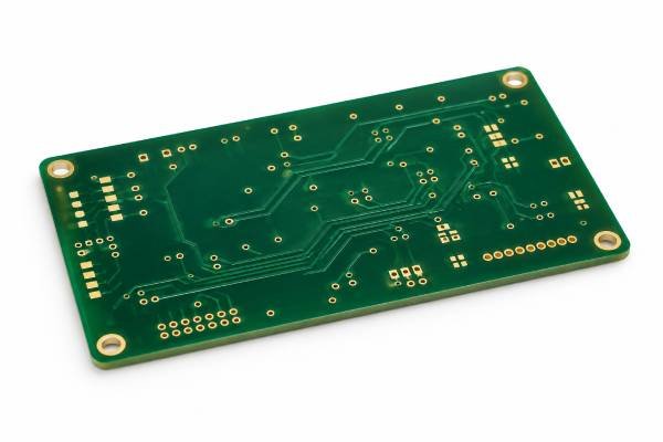 Custom rigid FR-4 bare PCB with copper traces, plated through holes, vias, and gold contact pads