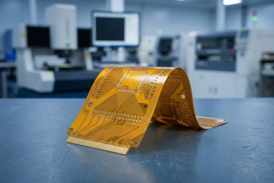 Bare flexible PCB with polyimide film, fine copper traces, plated holes, and curved circuit sections