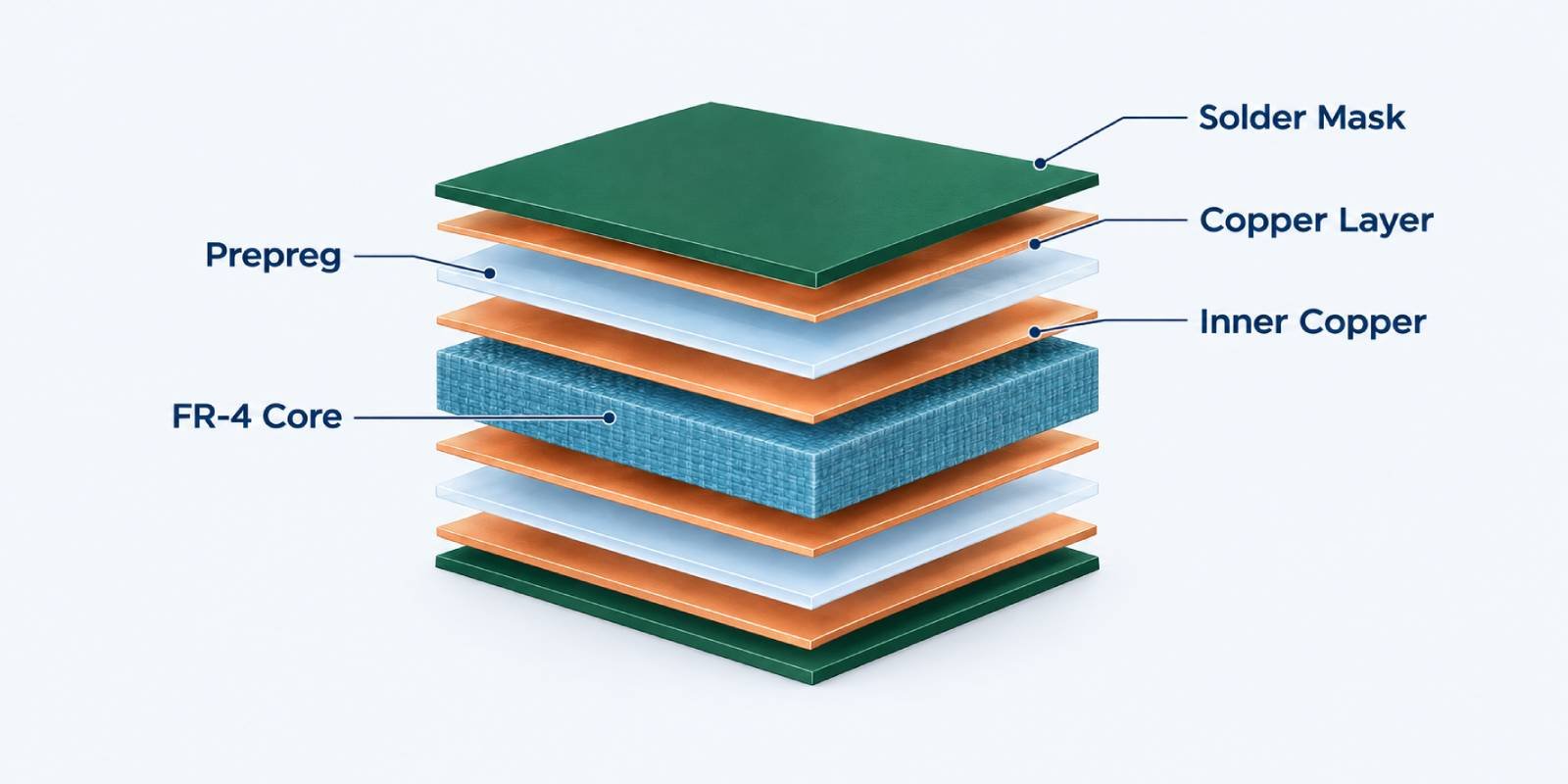 Four-layer FR-4 PCB stackup showing solder mask, copper layers, prepreg, inner copper, and FR-4 core