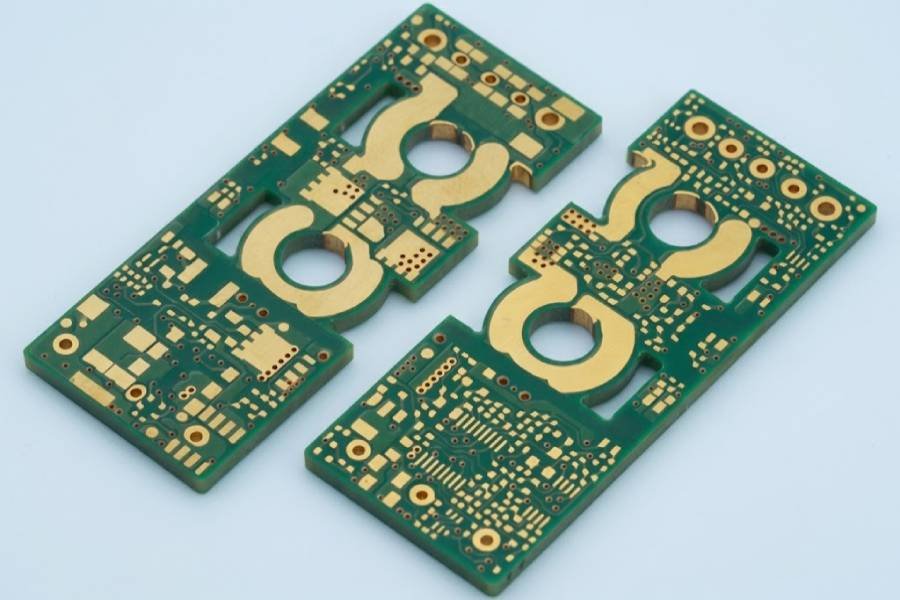 Bare heavy copper PCB with thick wide copper traces, large copper planes, thermal vias, and gold-finished pads for high-current applications