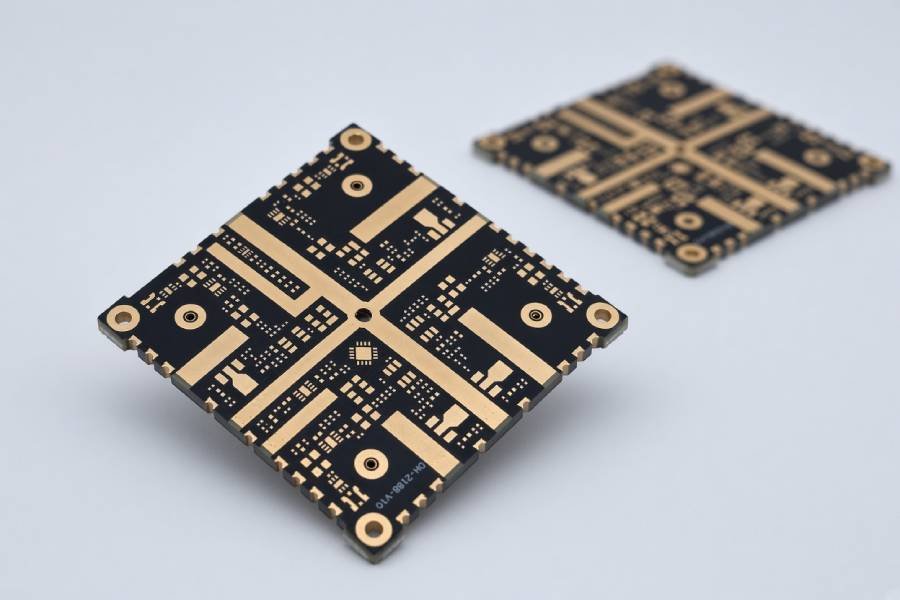Bare high frequency PCB with precision copper RF traces, plated vias, controlled impedance routing, and low-loss laminate construction