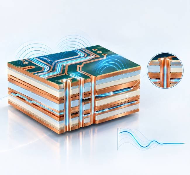 High-speed RF PCB stack-up with low-loss copper clad laminate and controlled impedance signal paths