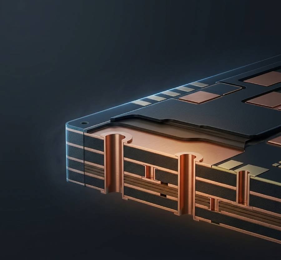 Multilayer high Tg PCB laminate showing copper layers and thermal stability