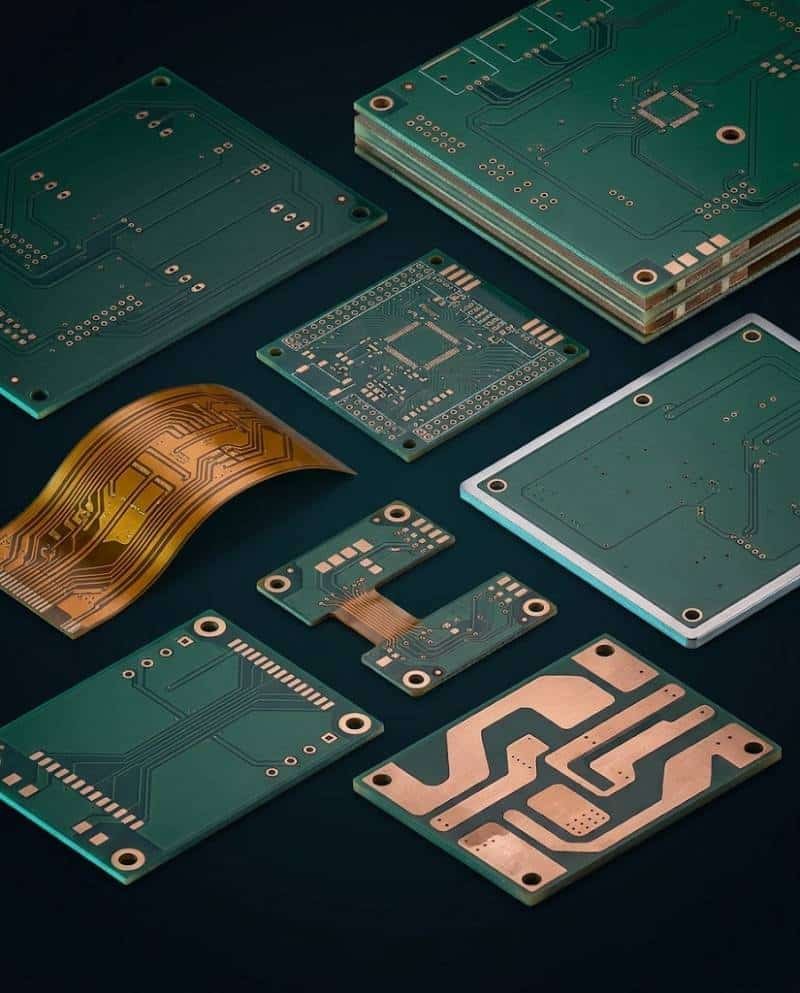 Different bare PCB types including rigid, multilayer, HDI, flexible, rigid-flex, metal core and heavy copper circuit boards