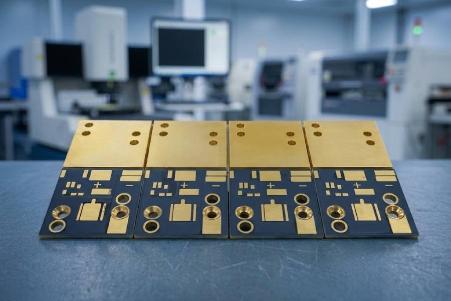 Bare metal core PCB with copper traces, thermal vias, gold-finished pads, dielectric layer, and aluminum substrate