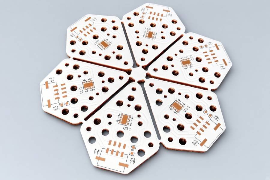 Bare metal core PCB with copper traces, gold-finished pads, thermal dielectric layer, and aluminum substrate for thermal-management applications