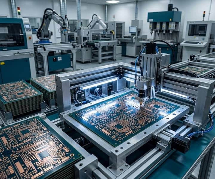 Bare multilayer circuit boards undergoing precision PCB fabrication and automated inspection