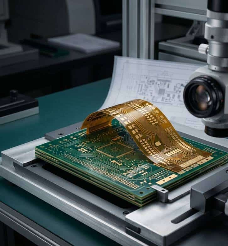 Bare multilayer and flexible PCBs under engineering review for custom PCB fabrication requirements