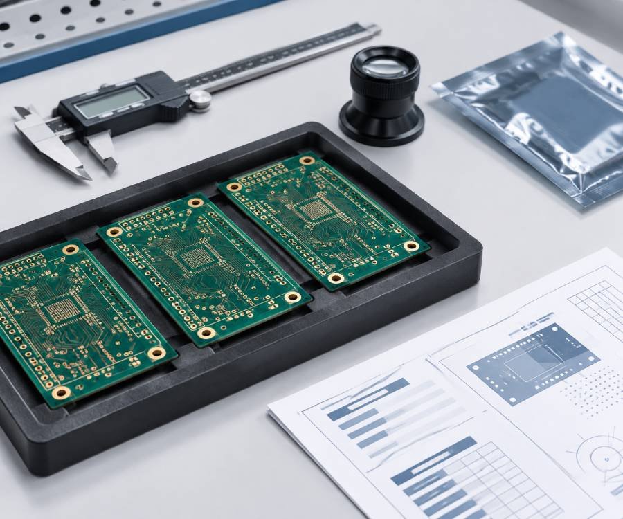 Small batch of bare PCB prototypes in an inspection tray with caliper, loupe, anti-static bag, and delivery documents for first trial order supplier verification
