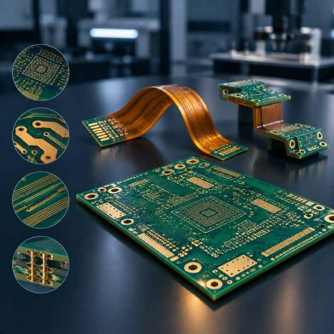 Multilayer rigid, flexible and rigid-flex bare PCBs representing PCB manufacturing capabilities