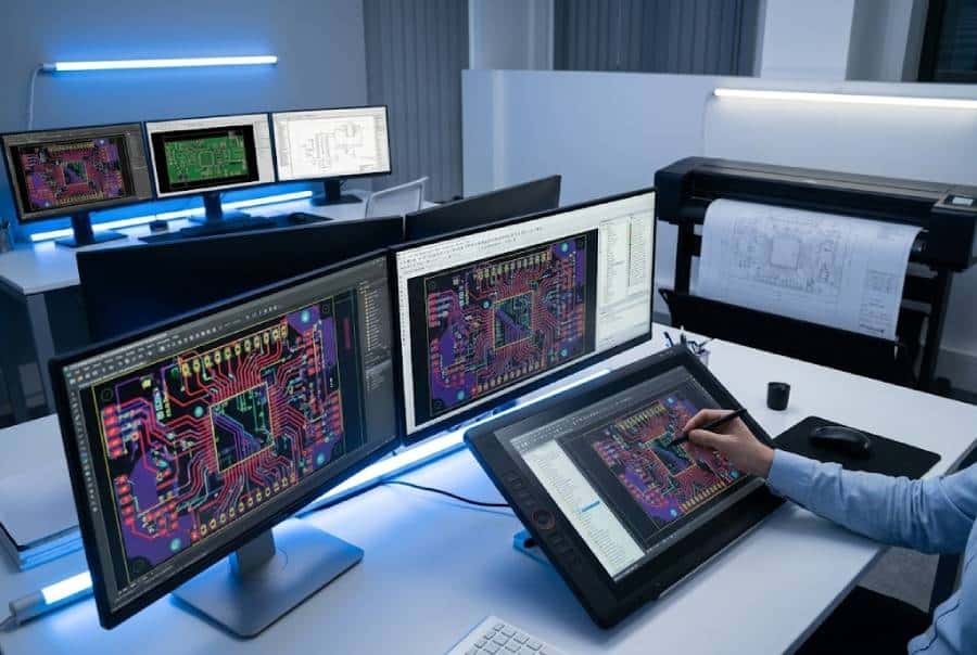 PCB manufacturing CAM review station with high-resolution dual monitors showing complex PCB layout designs and Gerber data verification in a clean office environment.