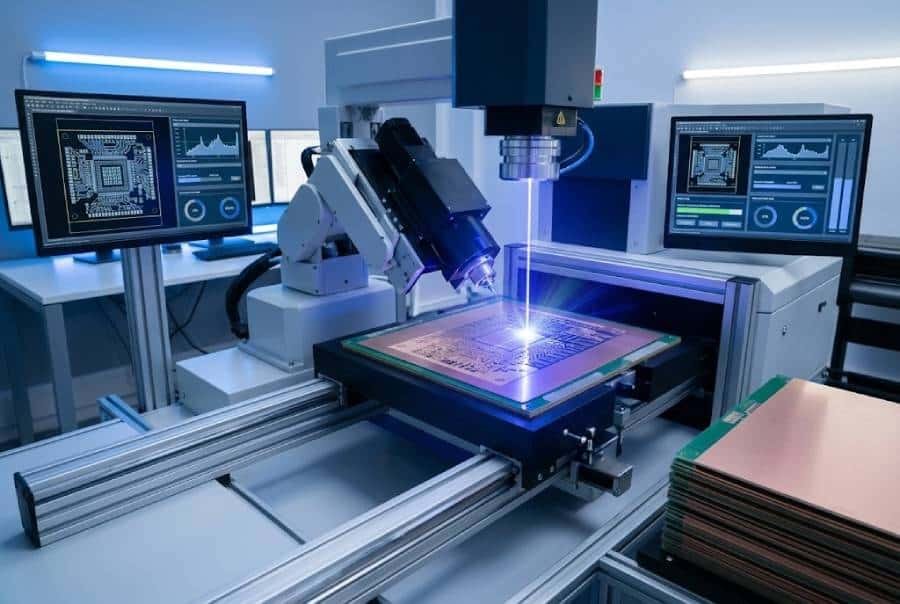 High-precision Laser Direct Imaging (LDI) machine transferring inner-layer circuit patterns with blue laser light in a dust-free PCB fabrication cleanroom.