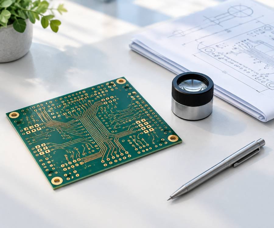 Bare printed circuit board with inspection loupe, technical document, and pen representing PCB manufacturing questions and engineering guidance