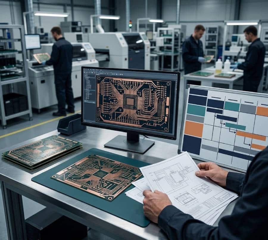 Engineer reviewing bare PCB boards and production plans for PCB manufacturing lead time coordination