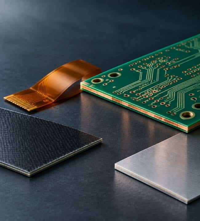 PCB material samples showing multilayer FR4, flexible polyimide, high-frequency laminate, and metal-core board materials
