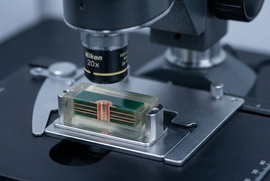 PCB microsection analysis of a plated through hole and multilayer copper structure