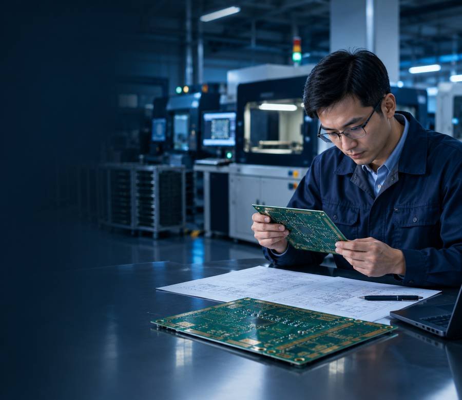 Engineer reviewing a bare prototype PCB and manufacturing requirements in a precision fabrication facility