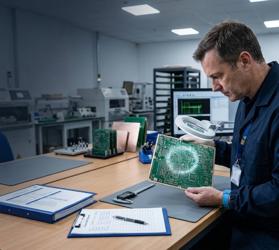 Engineer reviewing a bare printed circuit board and inspection records in a PCB fabrication facility