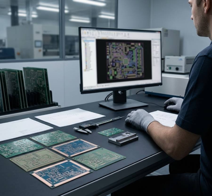 PCB engineer reviewing bare board fabrication data and quality requirements