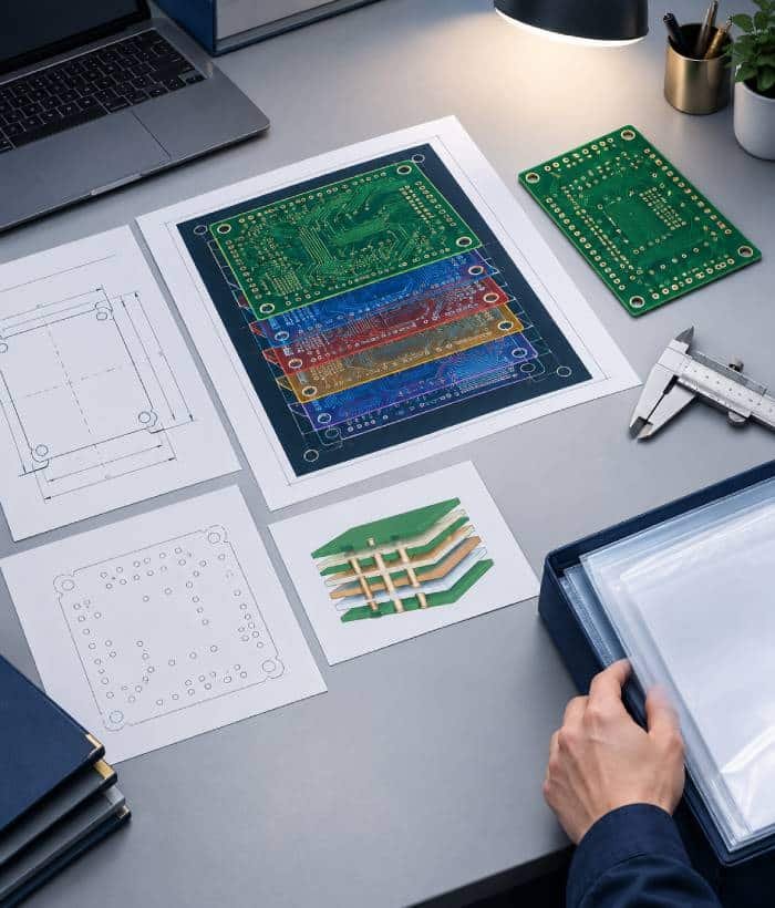 Engineer preparing Gerber files, PCB specifications, and a bare circuit board for a custom PCB manufacturing quote