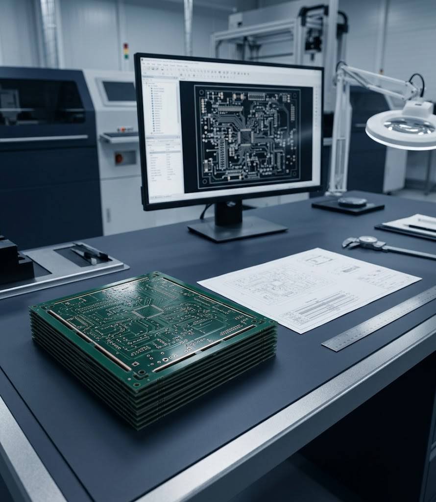 Bare PCBs, fabrication documents, and Gerber data prepared for PCB quotation review
