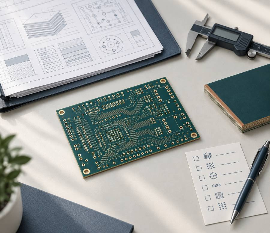 Bare printed circuit board, fabrication documents, caliper, and review checklist prepared for engineering questions before sending a PCB RFQ