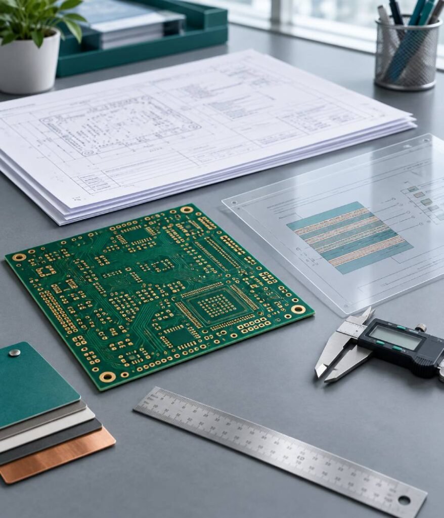 Bare PCB, fabrication documents, caliper, and material samples prepared for defining PCB manufacturing requirements before comparing suppliers