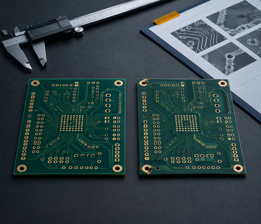 Two bare printed circuit boards with different fabrication quality details, inspection caliper, and review sheet illustrating red flags when comparing PCB suppliers