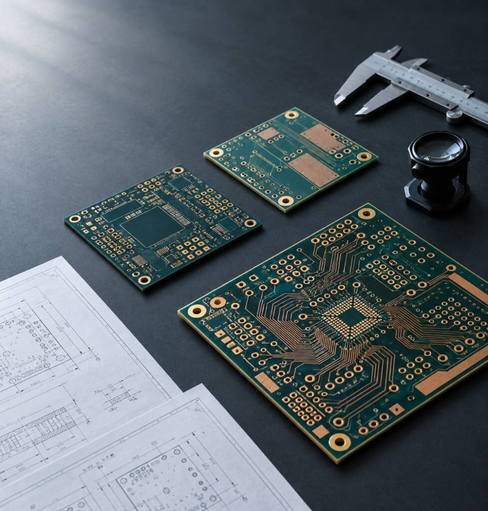 Bare printed circuit boards with inspection tools and fabrication drawings for evaluating PCB supplier quality and manufacturing reliability