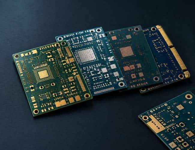 Bare PCB samples showing ENIG, immersion silver, OSP, and hard gold surface finish options