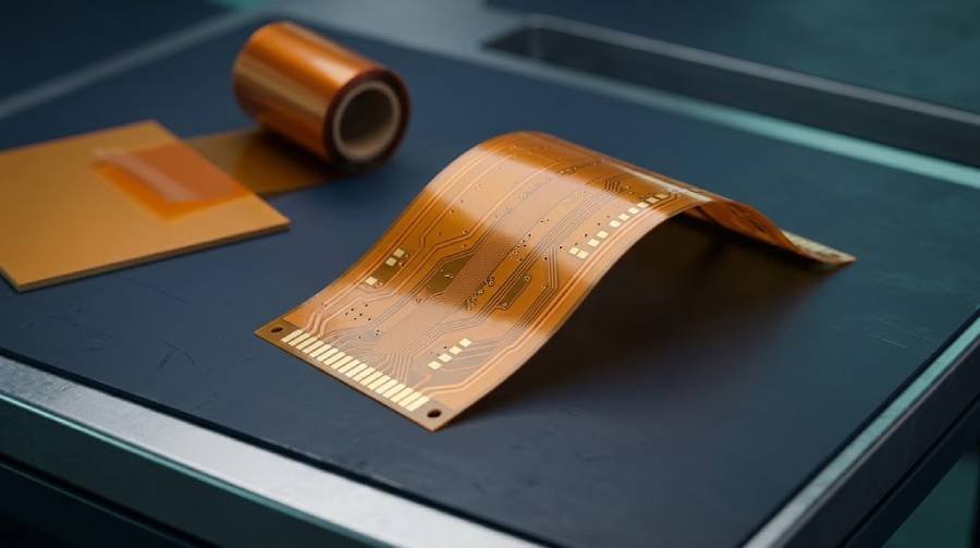 Amber polyimide flexible PCB material with fine copper traces for flexible circuit fabrication